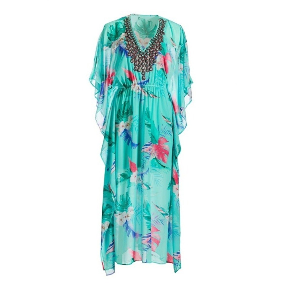NWOT Boston Proper M Embellished Tropical Elastic Waist Maxi Dress Kaftan 112418